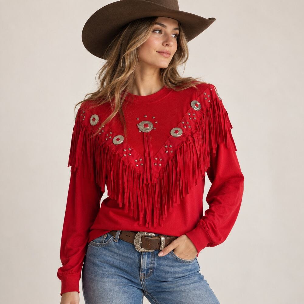Vintage Gepetto Red Western Fringe Studded Long Sleeve Tee NWT XL